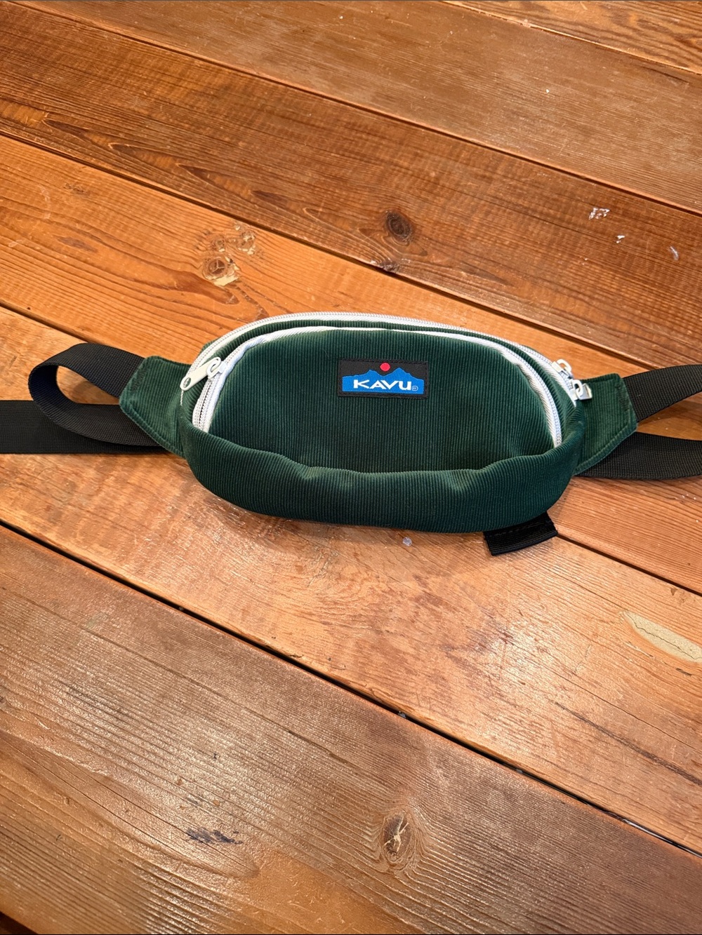 Kavu Forest Green Corduroy Belt Bag with White Zippers